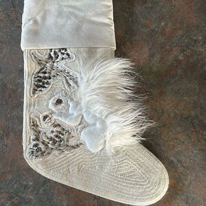 Pottery barn Woodland White Squirrel Christmas Stocking Sequins Faux Fur